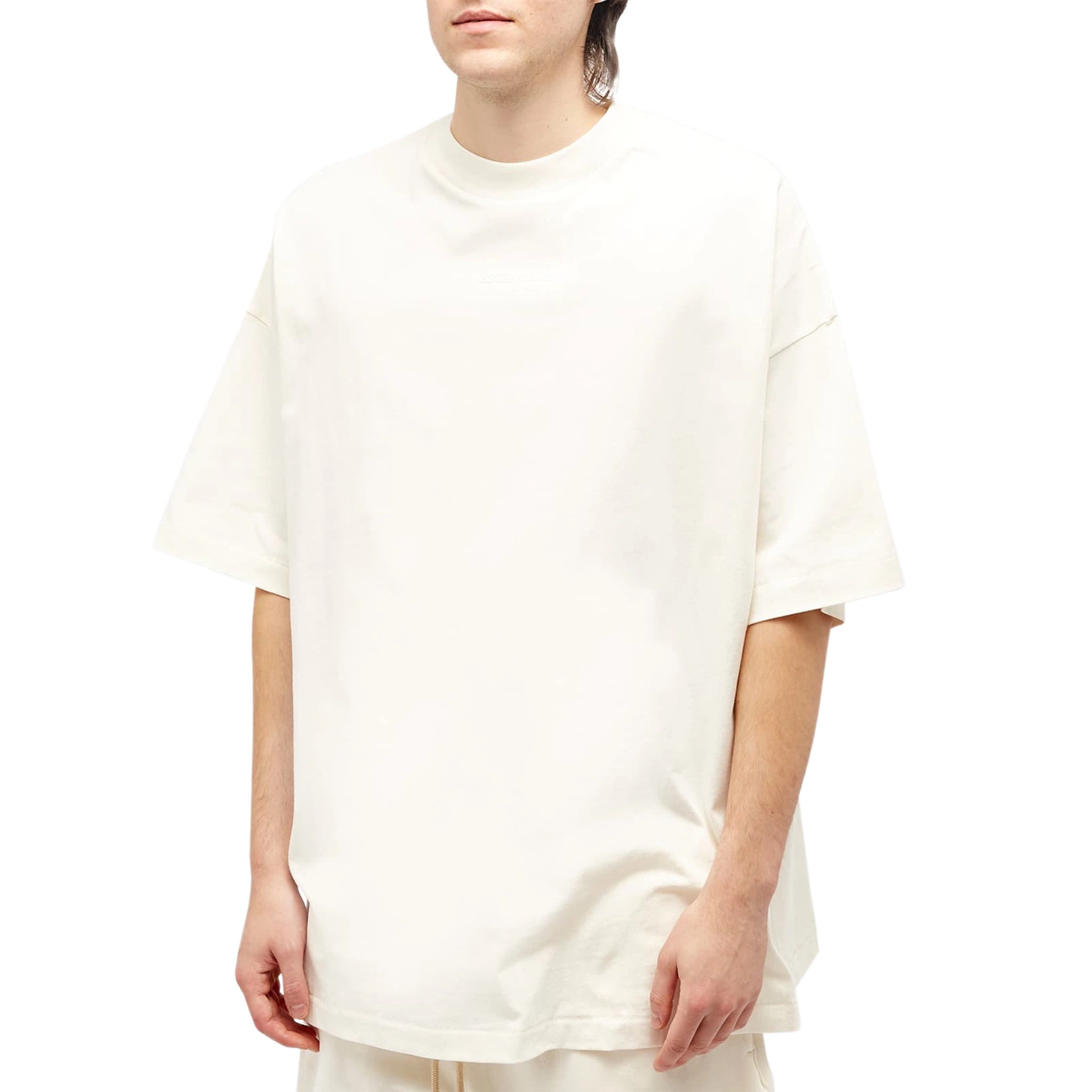 Model front view of Fear Of God Essentials Cloud Dancer T Shirt (FW23)